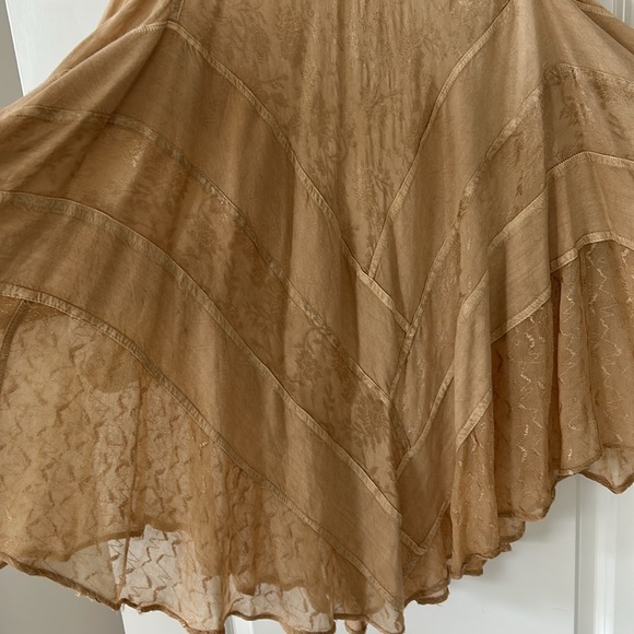 Boho Corset Crochet Golden Tan Embroidered V-Neck Dress w Sheer Insets - Picture 13 of 14